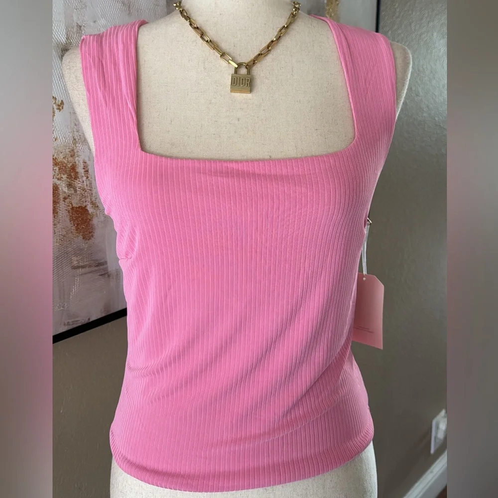 Double layered ribbed thick strap tank top in Barbie pink